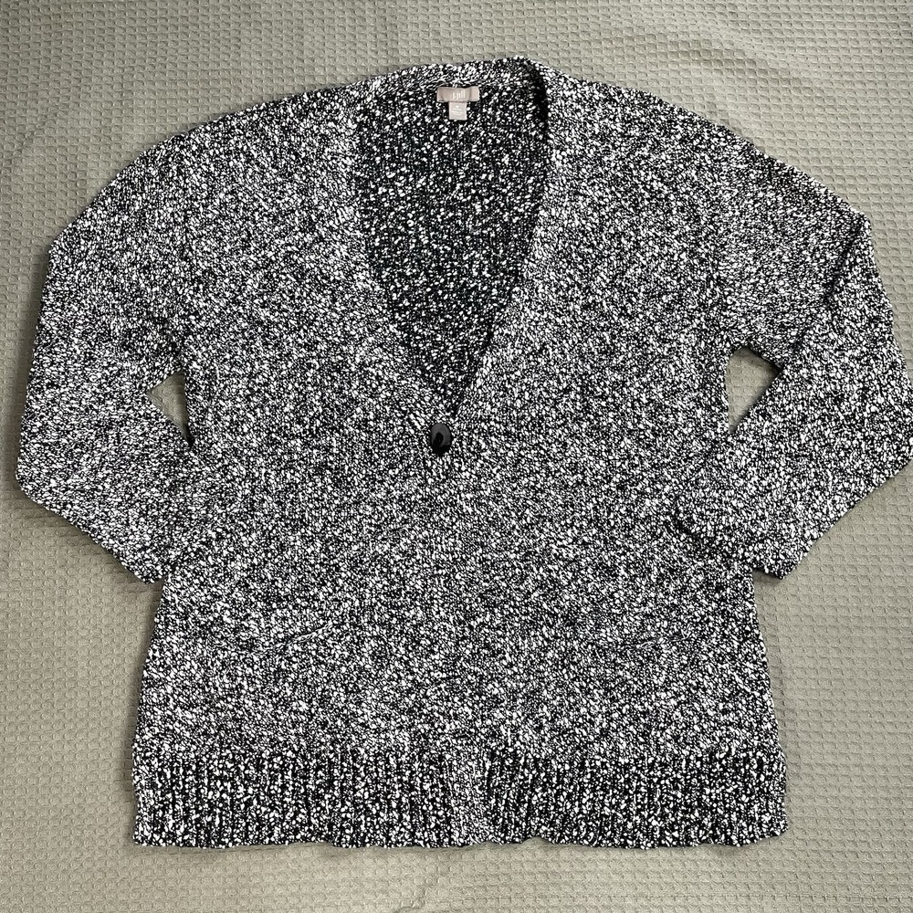 J.Jill Cardigan Sweater Medium Petite MP Womens Black White Static Marl Knit